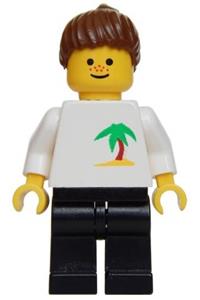 Girl with Palm Tree Shirt - Minifigure with brown ponytail hair and black legs, themed as a palm tree - twn036