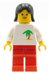 Girl with Palm Tree Shirt - Minifigure with red legs and black female hair, like a palm tree - twn039