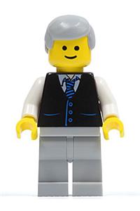 Male in Black Vest Minifigure - Minifigure with light bluish gray male hair wearing a black vest with a blue striped tie and light bluish gray legs, white arms, and a smile - twn041
