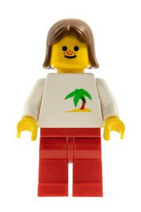 Girl with Palm Tree Shirt - Minifigure with red legs resembling a palm tree, featuring brown female hair - twn043