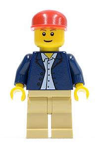 Male in Dark Blue Jacket Minifigure - Minifigure wearing a dark blue jacket over a light blue shirt, with tan legs and a red short bill cap - twn047a