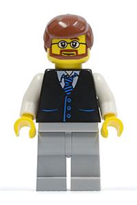 Black Vest with Blue Striped Tie, Light Bluish Gray Legs, White Arms, Reddish Brown Male Hair, Beard and Glasses twn048