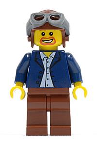 Male Pilot Minifigure - Male Pilot in Dark Blue Jacket, Light Blue Shirt, Reddish Brown Legs, Aviator Cap and Goggles - twn050