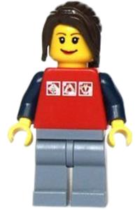 Female Air Show Ice Cream Server - Female air show ice cream server in red shirt with 3 silver logos, dark blue arms, sand blue legs, dark brown hair ponytail long with side bangs - twn051