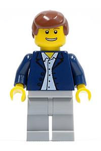 Passenger Minifigure - Minifigure with reddish brown hair in a dark blue jacket, light blue shirt, and light bluish gray legs - twn053