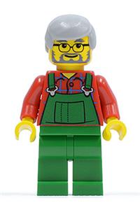 Farmer in Overalls Minifigure - Farmer wearing green overalls with light bluish-gray hair and glasses - twn055