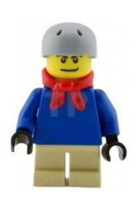 Boy Minifigure - Minifigure with plain blue torso, blue arms, tan short legs, light bluish gray helmet, and bandana - twn058