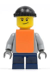 Boy with Orange Vest Minifigure - Minifigure with a light bluish gray torso, dark blue short legs, wearing a knit cap and an orange vest - twn059