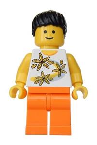 Female with Yellow Flowers Shirt - Female with black ponytail hair and orange legs, adorned with yellow flowers - twn062