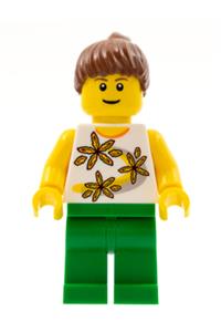 Female with Reddish Brown Ponytail Hair - Minifigure with reddish brown ponytail hair, wearing yellow flowers, and green legs - twn064
