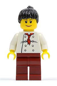 Chef - White Torso with 8 Buttons, Dark Red Legs, Black Ponytail Hair twn066