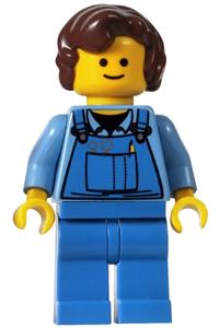 Female in Blue Overalls Minifigure - Female minifigure with short, curly reddish brown hair, wearing blue overalls with tools in the pocket - twn072