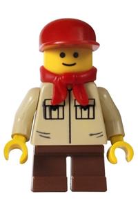 Male with Shirt with 2 Pockets - Minifigure with a shirt that has 2 pockets and no collar, wearing reddish brown short legs, a red cap, and a red bandana - twn074