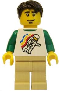 Tourist Minifigure - Classic Space minifigure tourist with floating pattern, tan legs, and dark brown short tousled hair - twn079