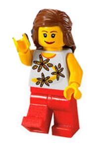Female with Yellow Flowers Shirt - Female minifigure with reddish brown mid-length hair with yellow flowers and red legs - twn089