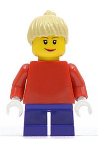 Female Minifigure - Minifigure with plain red torso and red arms, dark purple short legs, tan female ponytail hair, and brown eyebrows - twn090