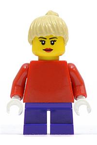 Female Minifigure - Minifigure with a plain red torso, red arms, dark purple short legs, tan female ponytail hair, and black eyebrows - twn090a