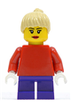 Plain Red Torso with Red Arms, Dark Purple Short Legs, Tan Female Ponytail Hair, Black Eyebrows - twn090a