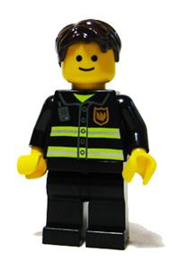 Firefighter Minifigure - Firefighter with reflective stripes, black legs, and dark brown short tousled hair - twn091