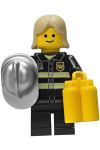 Firefighter Minifigure - Firefighter with reflective stripes, black legs, and tan female hair - twn093