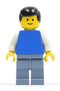 Male with Plain Blue Torso - Minifigure with a plain blue torso, white arms, sand blue legs, and black male hair - twn095