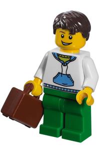 Male with White Hoodie Minifigure - Male minifigure wearing a white hoodie with blue pockets, green legs, and dark brown short tousled hair - twn096