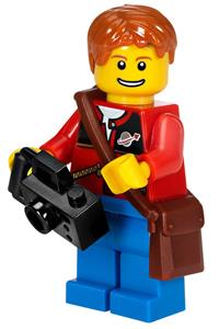 Traveler Minifigure - Traveler with red jacket featuring zipper pockets and Classic Space logo, blue legs, dark orange short tousled hair - twn097