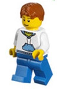 Male with White Hoodie with Blue Pockets - Minifigure with dark orange short tousled hair, wearing a white hoodie with blue pockets and blue legs - twn099