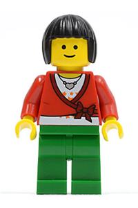 Female with Cropped Sweater - Minifigure with black bob cut hair wearing a cropped sweater with a bow, heart necklace, and green legs - twn103