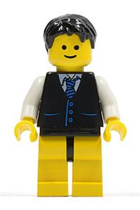 Male in Black Vest Minifigure - Black vest with blue striped tie, black hips and yellow legs, black short tousled hair - twn104