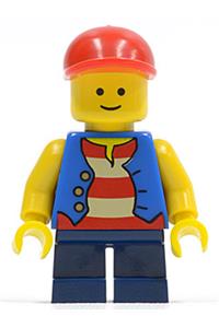 Male in Stripes Minifigure - Minifigure wearing a vest over a red and white striped shirt, with dark blue short legs and a red short bill cap - twn105