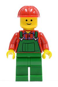 Male in Green Overalls Minifigure - Farmer wearing green overalls and a red construction helmet - twn106
