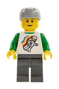 Boy Minifigure - A Classic Space minifigure with a floating pattern, wearing dark bluish gray legs and a sports helmet - twn113