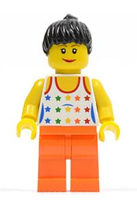 Female with Rainbow Stars - Female minifigure with black ponytail hair, wearing a shirt with rainbow stars pattern and orange legs - twn114