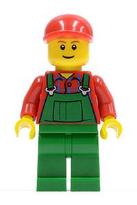 Male in Green Overalls Minifigure - Farmer with green overalls and a red short bill cap - twn115