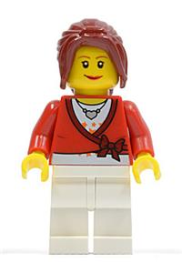 Female with Cropped Sweater - Minifigure wearing a cropped sweater with a bow, a heart necklace, white legs, and long dark red hair in a ponytail with side bangs - twn117