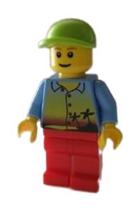 Male with Sunset and Palm Trees Shirt - Minifigure wearing red legs and a lime short bill cap with a sunset and palm trees theme - twn118