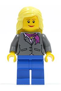 Female in Gray Jacket with Magenta Scarf - Minifigure wearing a dark bluish gray jacket with a magenta scarf, blue legs, and mid-length bright light yellow female hair - twn119