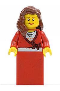 Female with Cropped Sweater - Female minifigure with reddish brown hair over shoulder wearing a cropped sweater with a bow, heart necklace, and red skirt, with eyelashes and a smile - twn121a