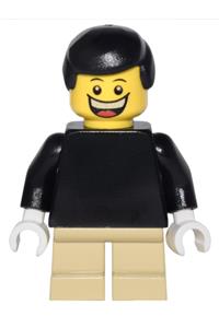 Boy with Plain Black Torso - Minifigure with a plain black torso, black arms, tan short legs, and black male hair - twn122