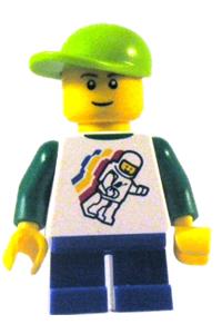 Boy Minifigure - Space minifigure with floating pattern, wearing blue short legs and lime short bill cap - twn131
