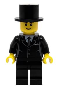 Male with Suit Minifigure - Minifigure in black suit with top hat and black legs - twn133