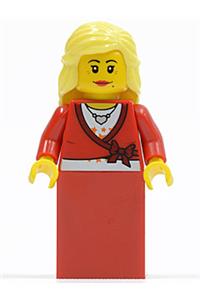 Female with Cropped Sweater - Female minifigure with a bright light yellow mid-length hair, wearing a sweater cropped with a bow, heart necklace, and red skirt - twn134