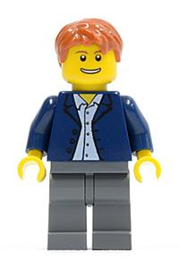 Male in Dark Blue Jacket Minifigure - Male minifigure with dark blue jacket, light blue shirt, dark bluish gray legs, and dark orange male hair - twn136