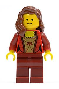 Female Corset Minifigure - Female minifigure with a corset featuring gold panel front and lace-up back, dark red legs, and reddish-brown hair over shoulder - twn137