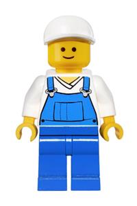 Male in Blue Overalls Minifigure - Minifigure wearing white short bill cap, blue overalls over v-neck shirt, and blue legs - twn138