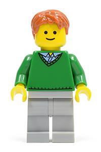 Green V-Neck Sweater Minifigure - Minifigure with a green V-neck sweater, dark orange short tousled hair, and light bluish gray legs - twn140