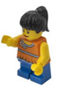 Girl Minifigure - Minifigure wearing an orange halter top with medium blue trim and flowers pattern, blue short legs, black ponytail hair - twn142