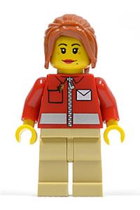 Female Post Office Worker - Minifigure with white envelope and stripe, tan legs, and dark orange long ponytail with side bangs - twn146