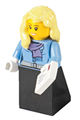 Medium blue jacket with light purple scarf, black skirt, bright light yellow female hair over shoulder - twn147